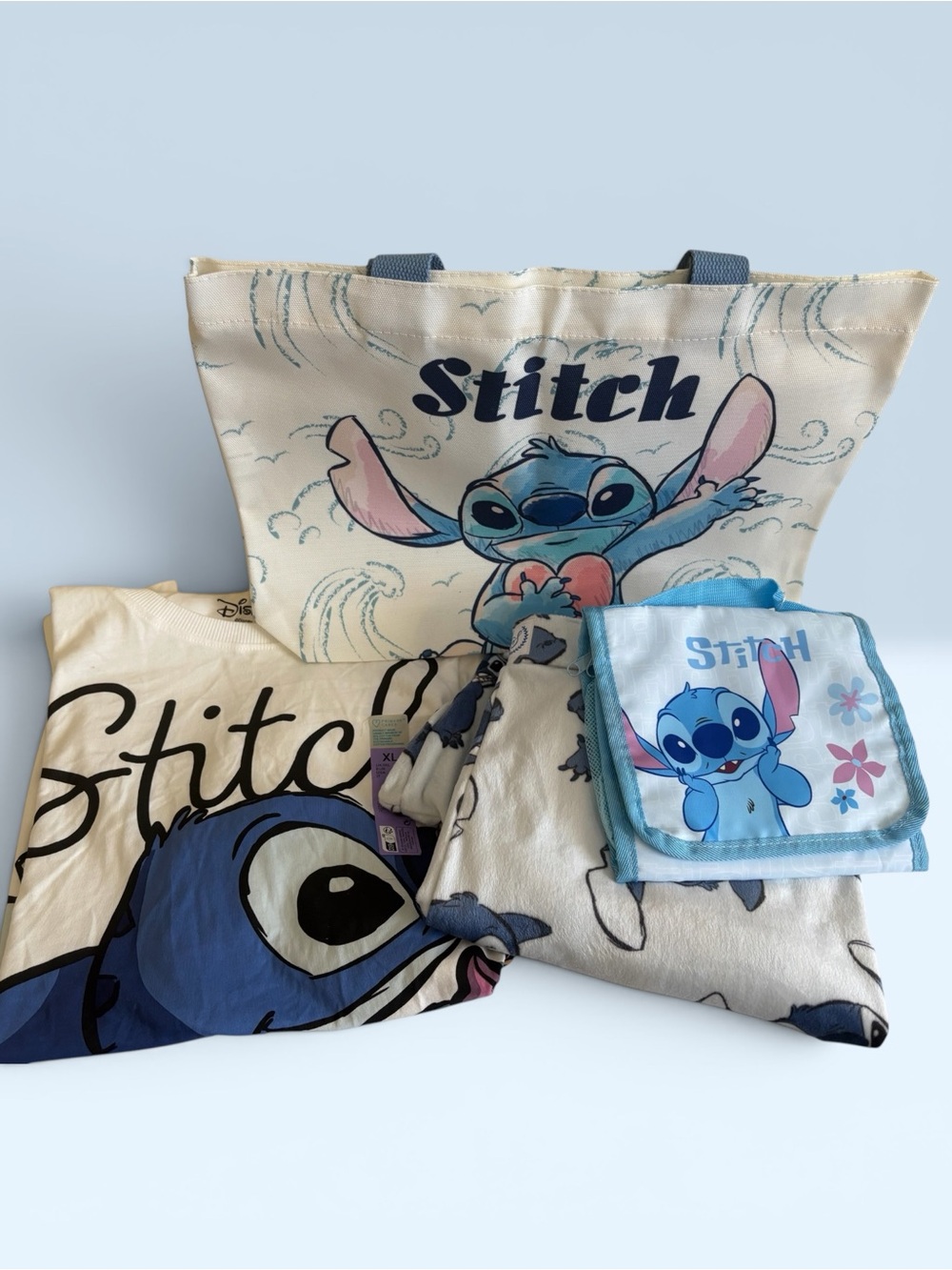 Disney Stitch Pajama Pants Shirt Toiletries Bag Tote Bundle Blue Cream XL